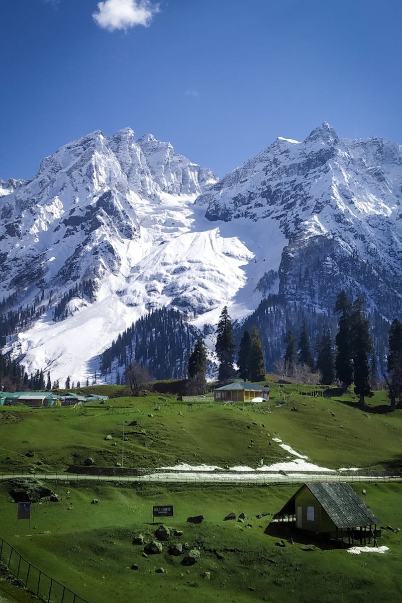 Stunning view of snow-covered mountains and vibrant green grassland in Kashmir.