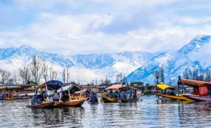 Scenic view of shikara boats on Dal Lake with snow-capped mountains in Srinagar.